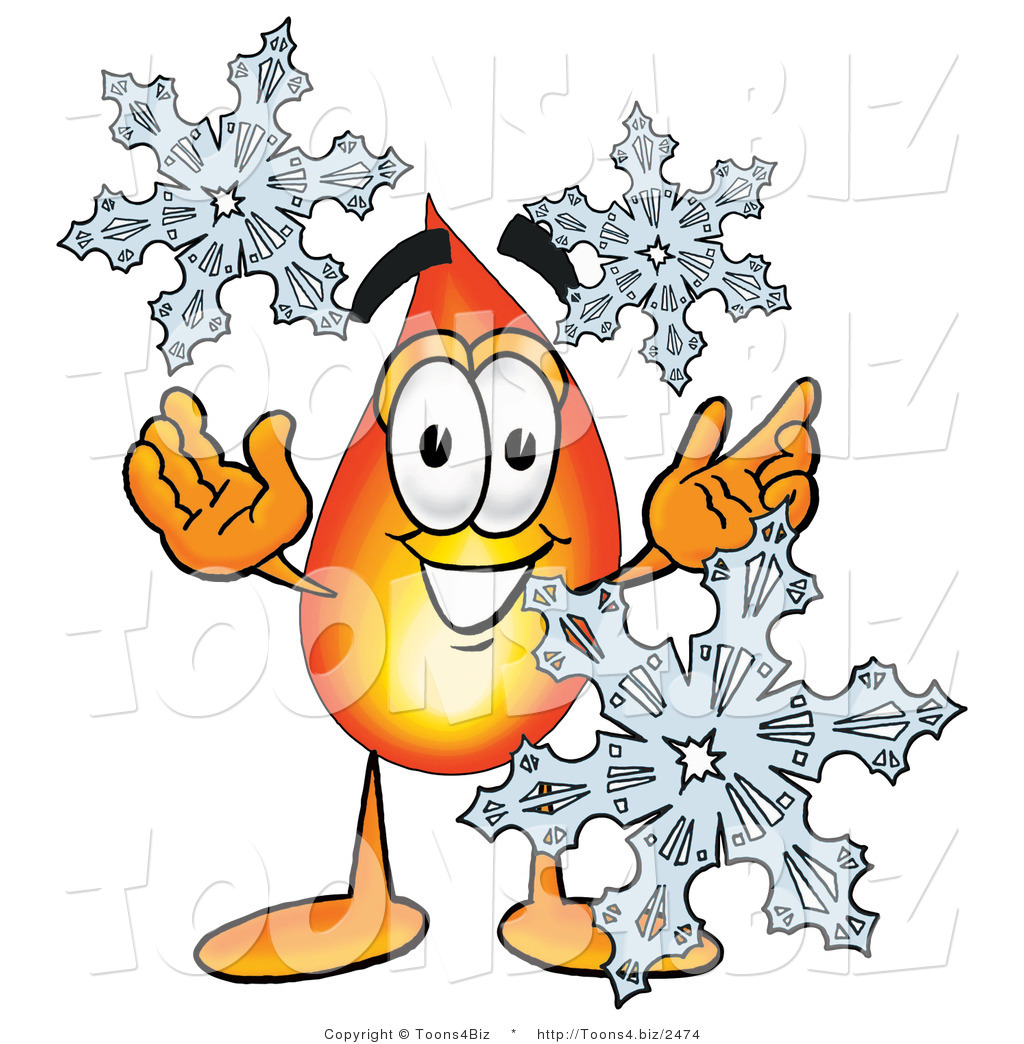 Illustration of a Cartoon Fire Droplet Mascot with Three Snowflakes in Winter by Toons4Biz - #2474