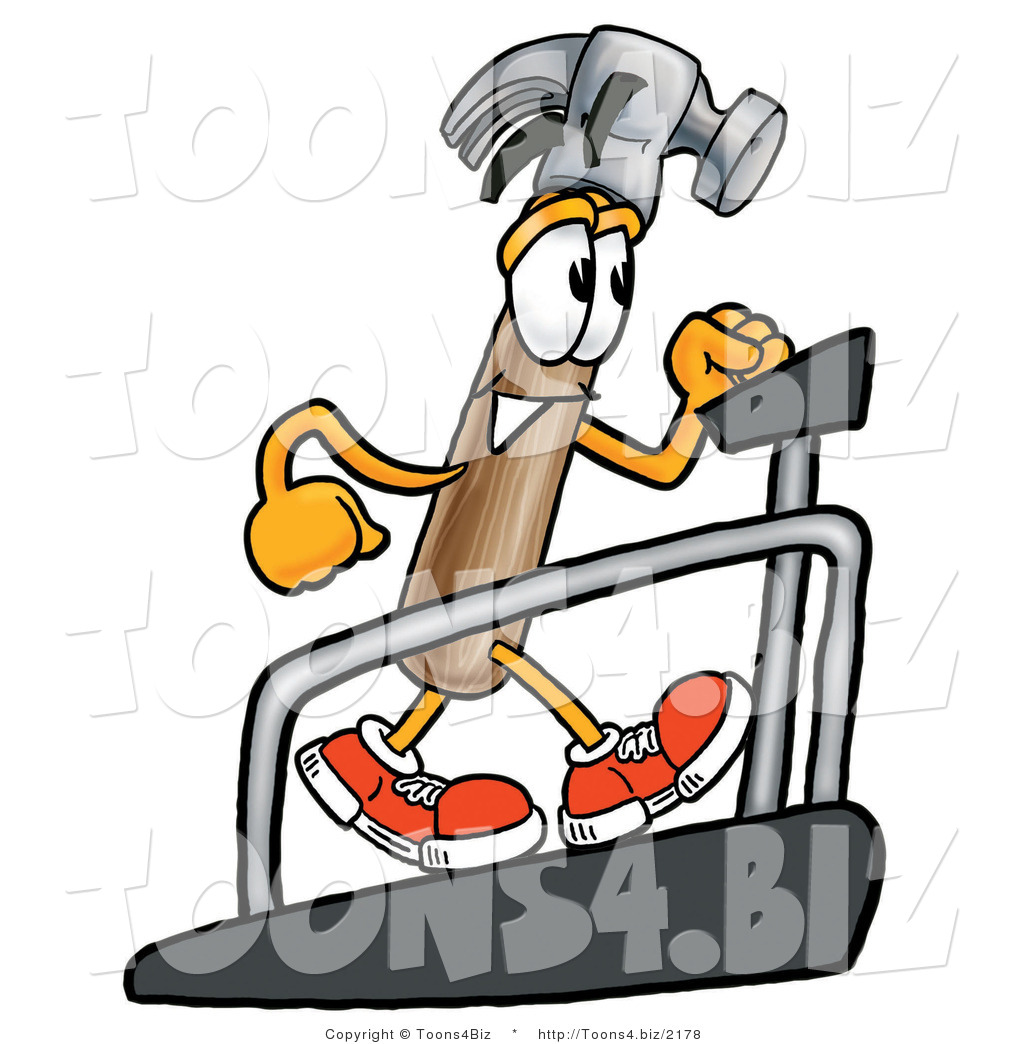 Illustration of a Cartoon Hammer Mascot Walking on a Treadmill in a