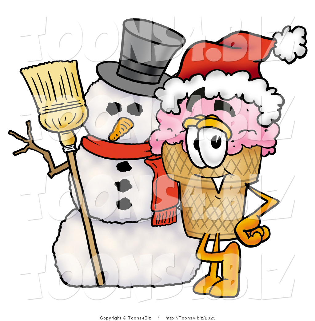 Illustration of a Cartoon Ice Cream Cone Mascot with a Snowman on