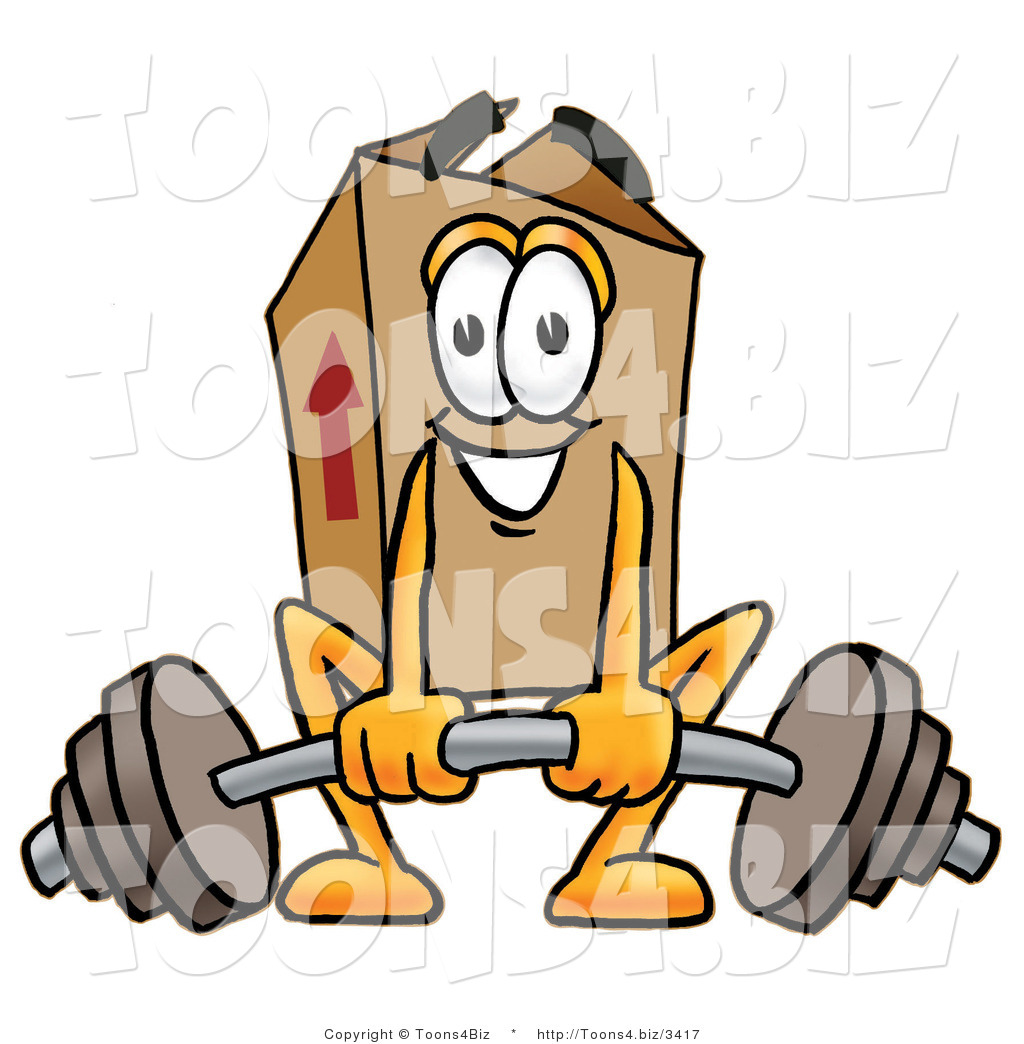 Illustration of a Cartoon Packing Box Mascot Lifting a Heavy Barbell by