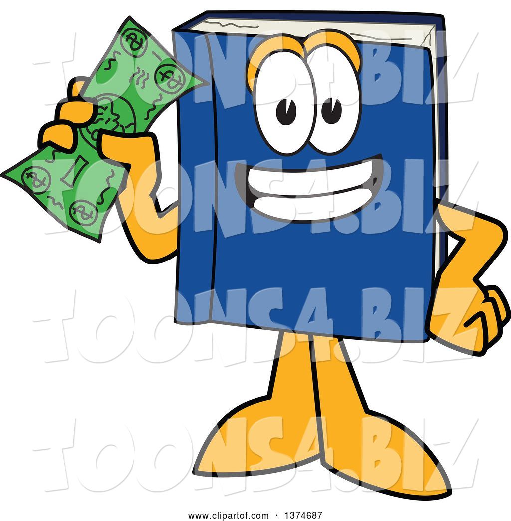 Vector Illustration of a Cartoon Blue Book Mascot Holding a Dollar Bill