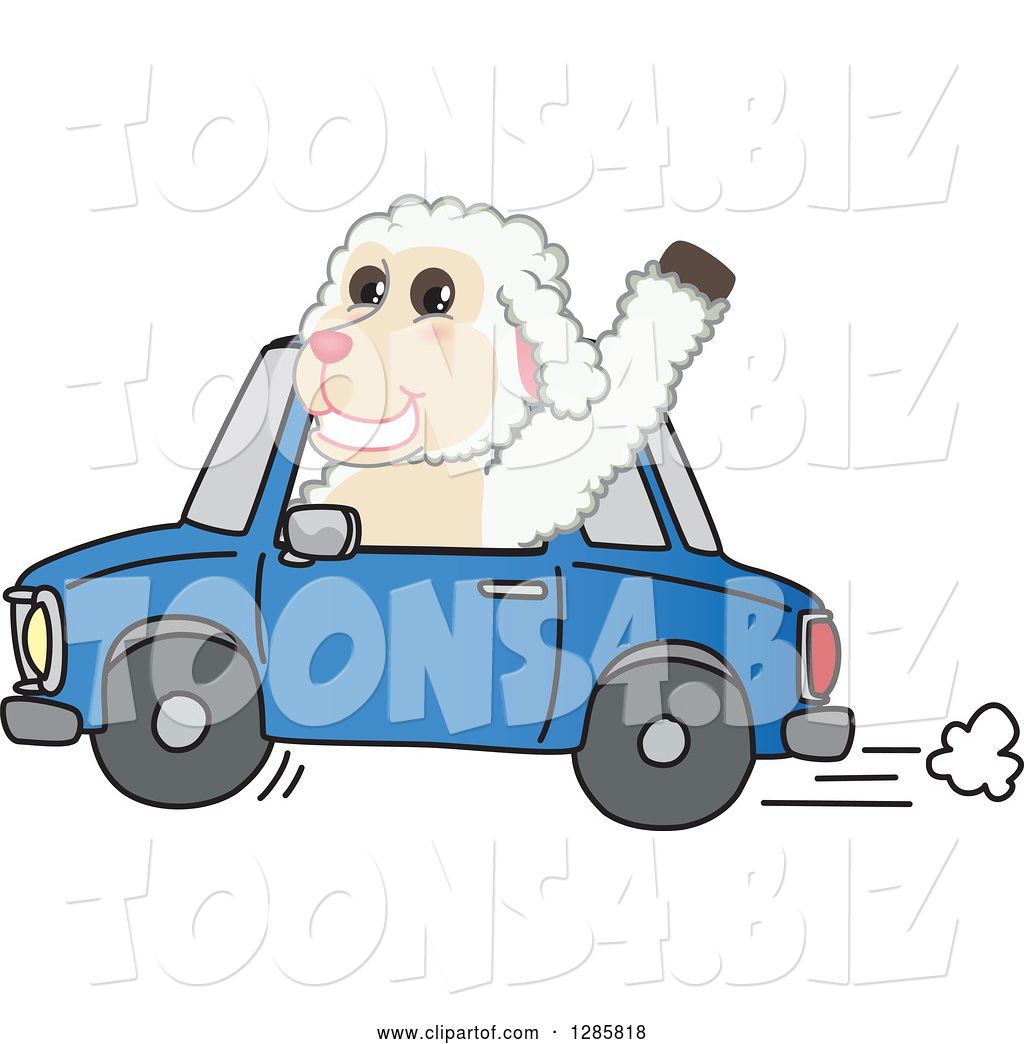 Vector Illustration of a Cartoon Lamb Mascot Waving and Driving a Blue