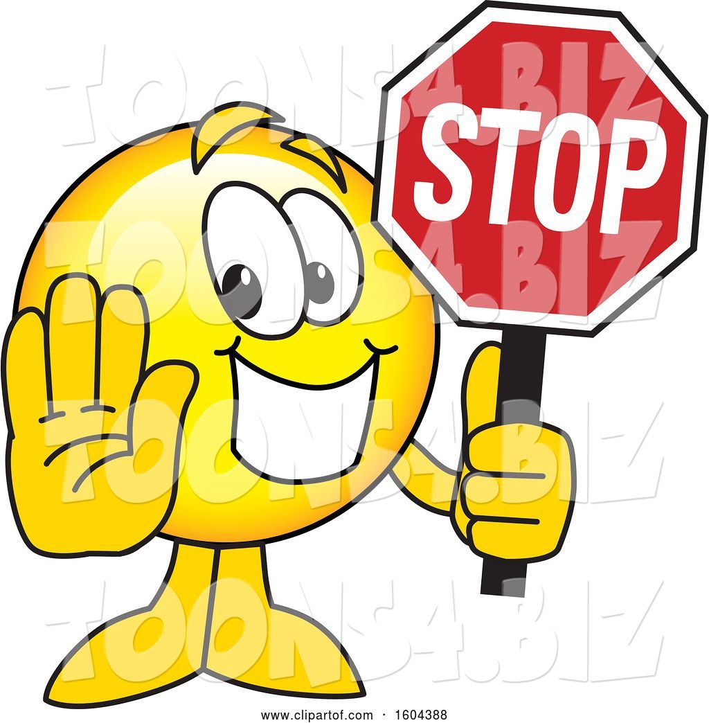 Vector Illustration Of A Cartoon Smiley Mascot Holding A Stop Sign By