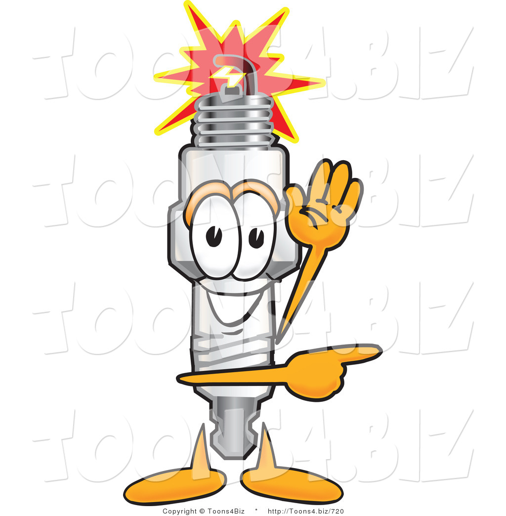 Vector Illustration of a Cartoon Spark Plug Mascot Waving and Pointing
