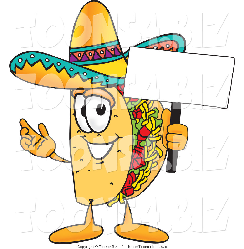 Vector Illustration of a Cartoon Taco Mascot Holding a Blank Sign by