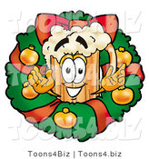 Illustration of a Beer Mug Mascot in the Center of a Christmas Wreath by Mascot Junction