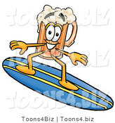 Illustration of a Beer Mug Mascot Surfing on a Blue and Yellow Surfboard by Mascot Junction