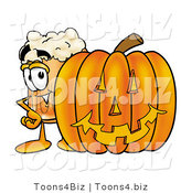 Illustration of a Beer Mug Mascot with a Carved Halloween Pumpkin by Mascot Junction