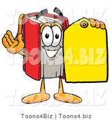 Illustration of a Book Mascot Holding a Yellow Sales Price Tag by Mascot Junction