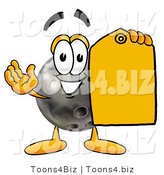 Illustration of a Bowling Ball Mascot Holding a Yellow Sales Price Tag by Mascot Junction