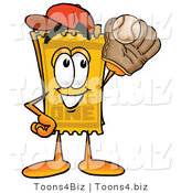 Illustration of a Cartoon Admission Ticket Mascot Catching a Baseball with a Glove by Mascot Junction