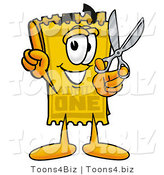 Illustration of a Cartoon Admission Ticket Mascot Holding a Pair of Scissors by Mascot Junction