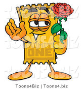 Illustration of a Cartoon Admission Ticket Mascot Holding a Red Rose on Valentines Day by Mascot Junction