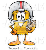 Illustration of a Cartoon Admission Ticket Mascot in a Helmet, Holding a Football by Mascot Junction