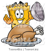 Illustration of a Cartoon Admission Ticket Mascot Serving a Thanksgiving Turkey on a Platter by Mascot Junction