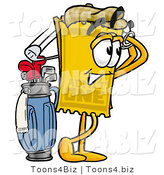 Illustration of a Cartoon Admission Ticket Mascot Swinging His Golf Club While Golfing by Mascot Junction