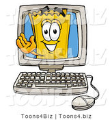 Illustration of a Cartoon Admission Ticket Mascot Waving from Inside a Computer Screen by Mascot Junction