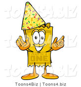 Illustration of a Cartoon Admission Ticket Mascot Wearing a Birthday Party Hat by Mascot Junction