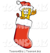 Illustration of a Cartoon Admission Ticket Mascot Wearing a Santa Hat Inside a Red Christmas Stocking by Mascot Junction