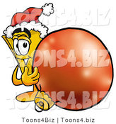 Illustration of a Cartoon Admission Ticket Mascot Wearing a Santa Hat, Standing with a Christmas Bauble by Mascot Junction