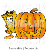 Illustration of a Cartoon Admission Ticket Mascot with a Carved Halloween Pumpkin by Mascot Junction