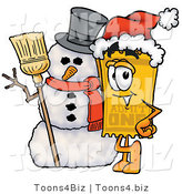 Illustration of a Cartoon Admission Ticket Mascot with a Snowman on Christmas by Mascot Junction