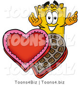 Illustration of a Cartoon Admission Ticket Mascot with an Open Box of Valentines Day Chocolate Candies by Mascot Junction