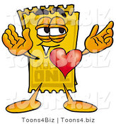 Illustration of a Cartoon Admission Ticket Mascot with His Heart Beating out of His Chest by Mascot Junction