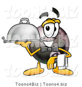 Illustration of a Cartoon Billiard 8 Ball Masco Dressed As a Waiter and Holding a Serving Platter by Mascot Junction