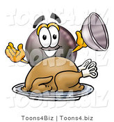 Illustration of a Cartoon Billiard 8 Ball Masco Serving a Thanksgiving Turkey on a Platter by Mascot Junction
