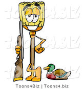 Illustration of a Cartoon Broom Mascot Duck Hunting, Standing with a Rifle and Duck by Mascot Junction