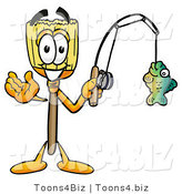 Illustration of a Cartoon Broom Mascot Holding a Fish on a Fishing Pole by Mascot Junction
