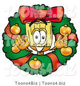 Illustration of a Cartoon Broom Mascot in the Center of a Christmas Wreath by Mascot Junction