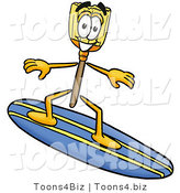 Illustration of a Cartoon Broom Mascot Surfing on a Blue and Yellow Surfboard by Mascot Junction