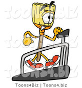 Illustration of a Cartoon Broom Mascot Walking on a Treadmill in a Fitness Gym by Mascot Junction