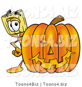 Illustration of a Cartoon Broom Mascot with a Carved Halloween Pumpkin by Mascot Junction