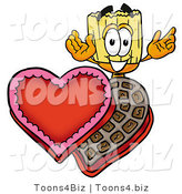 Illustration of a Cartoon Broom Mascot with an Open Box of Valentines Day Chocolate Candies by Mascot Junction