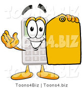 Illustration of a Cartoon Calculator Mascot Holding a Yellow Sales Price Tag by Mascot Junction