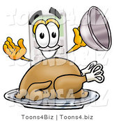 Illustration of a Cartoon Calculator Mascot Serving a Thanksgiving Turkey on a Platter by Mascot Junction