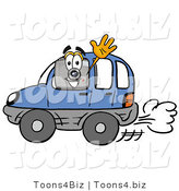 Illustration of a Cartoon Camera Mascot Driving a Blue Car and Waving by Mascot Junction