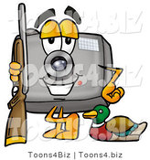 Illustration of a Cartoon Camera Mascot Duck Hunting, Standing with a Rifle and Duck by Mascot Junction