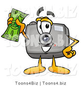 Illustration of a Cartoon Camera Mascot Holding a Dollar Bill by Mascot Junction