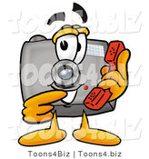 Illustration of a Cartoon Camera Mascot Holding a Telephone by Mascot Junction