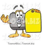 Illustration of a Cartoon Camera Mascot Holding a Yellow Sales Price Tag by Mascot Junction