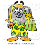 Illustration of a Cartoon Camera Mascot in Green and Yellow Snorkel Gear by Mascot Junction