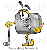 Illustration of a Cartoon Camera Mascot Leaning on a Golf Club While Golfing by Mascot Junction