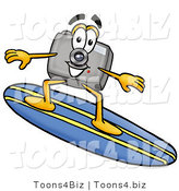 Illustration of a Cartoon Camera Mascot Surfing on a Blue and Yellow Surfboard by Mascot Junction