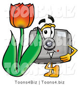 Illustration of a Cartoon Camera Mascot with a Red Tulip Flower in the Spring by Mascot Junction