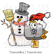Illustration of a Cartoon Camera Mascot with a Snowman on Christmas by Mascot Junction