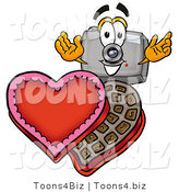 Illustration of a Cartoon Camera Mascot with an Open Box of Valentines Day Chocolate Candies by Mascot Junction